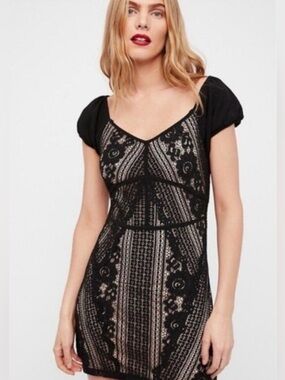 NWOT Free People Black Lace Mini Dress with Nude Lining